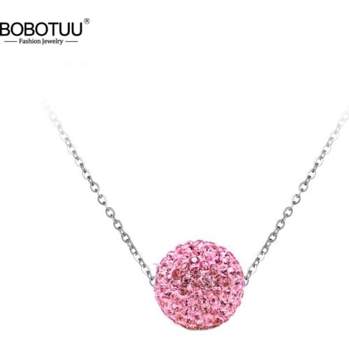 BOBOTUU Pave Setting CZ Crystal Disco Ball Pendant Necklace Rose Gold Color Stainless Steel Chain Link Necklaces Jewelry GSNE1