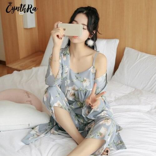 CYNTHRA Pajama Sleepwear Set Ladies Man -made Silk Nightclothes Long Sleeve 3pcs Women Breathable Homewear Top Sexy Nightwear