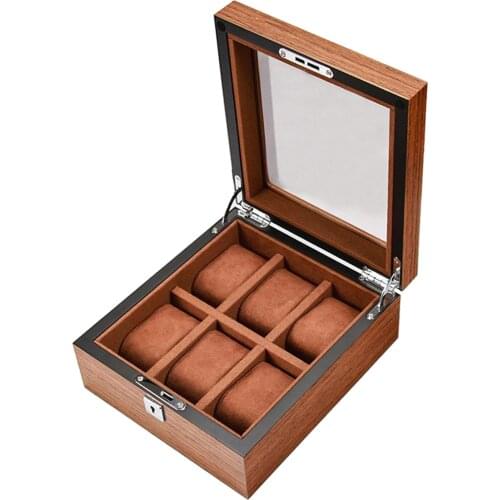 Wood Watch Display Case w/Clear Glass Top Jewelry Storage Organizer 6 Slots