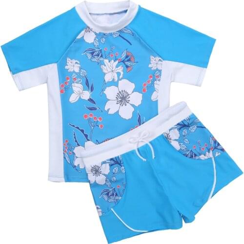 New Kids Girls Swimming Suit Short Sleeves Floral Print Top and Boyshorts Sun Protection Beach Swimwear Bathing Suits UPF 50