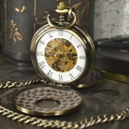 TIEDAN Bronze Skeleton Mechanical Pocket Watch Men Steampunk Luxury Fashion Antique Chain Necklace Casual Pocket & Fob Watches