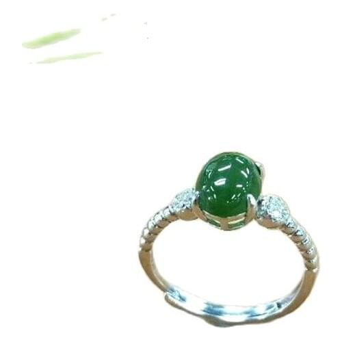 Natural authentic spinach green jade lovers ring, xinjiang hetian jade ring ring inset 925 silver