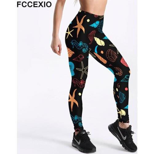 FCCEXIO New Workout Leggings High Waist Fitness Legging Sea Shells 3D Printed Leggins Female Leg Pants Sexy Women Slim Leggings