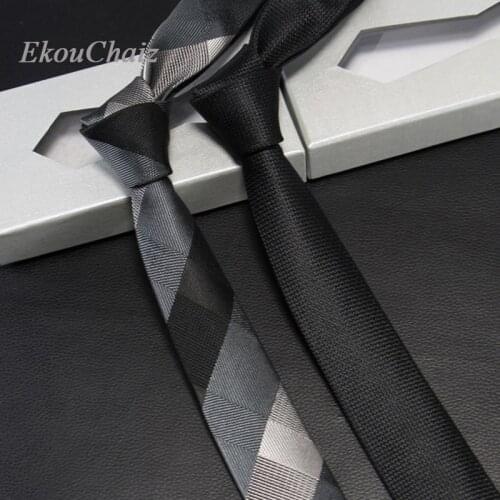 New Silk High Quality Men Ties Business Party Slim Neck Ties For Men Skinny Solid Black Grey Plaid Neckwear Luxury Gifts Corbata