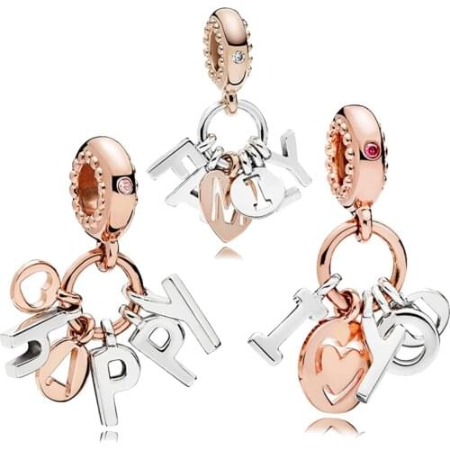 Rose gold pendant charms “family” & “i love you” and “happy” bead jewelry making fit pandora bracelet & bangle for women