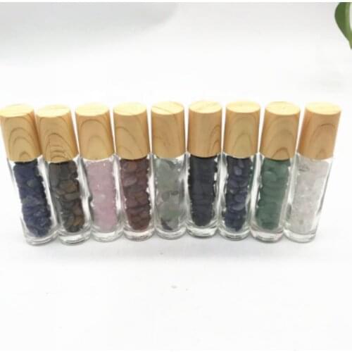 Portable natural rose quartz crystal gravel glass oil bottle roller, weight reduction massage essential oil roller bottle