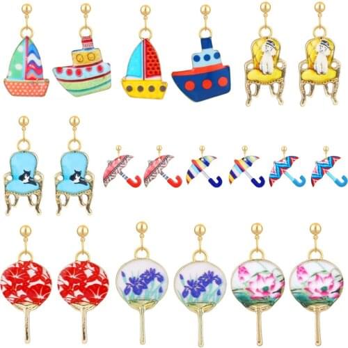 Small Umbrella Round Fan Korean Drop Earrings For Women Cute Ship Chair Enamel Dangle Earring Female Fashion Jewelry oorbellen