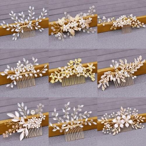Wedding Hair Comb Bridal Hair Accessories Rhinestone Pearl Hair Comb Womens Accessories Tiara Hair Jewelry Light Gold Headpiece