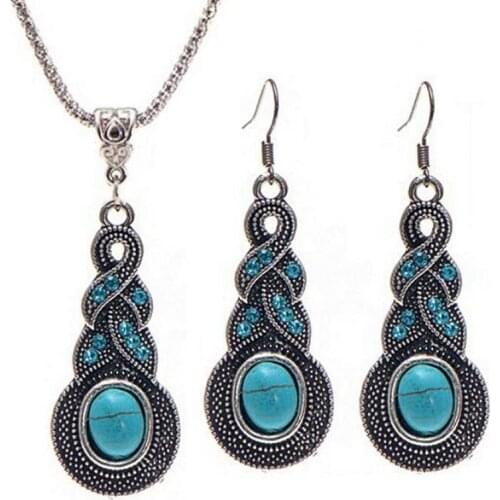 European American Necklace Earrings Jewelry Sets Vintage Blue Crystal Jewellery Sets For Women stone Necklaces & Pendants gift