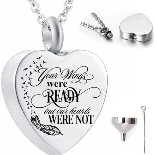 Your Wings Were Ready But Our Heart Were Not Cremation Heart Pendant Urn Perfume Necklace For Ashes Memorial With Funnel Kit