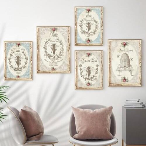 Bee Vintage Posters and Prints French Abeille Shabby Chic Wall Art Canvas Painting Retro Decoration Pictures Living Room Decor