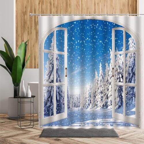 Winter Window Snow Scene Shower Curtains Snowflake Forest Christmas Day Decoration Curtain Bathroom Bathtub Screen Home Decor