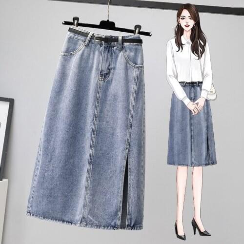 Split Denim Midi Plus Large Size Oversize Korean Style Fashion WomenS Clothing Vintage 2021 Casual High Waist Skirts Female