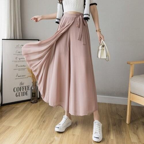 Womens Summer Pleated Chiffon Skirt-shape Wide-leg Pants Skirt Korean Elastic Waist Casual Waist Bow Calf Long Trousers