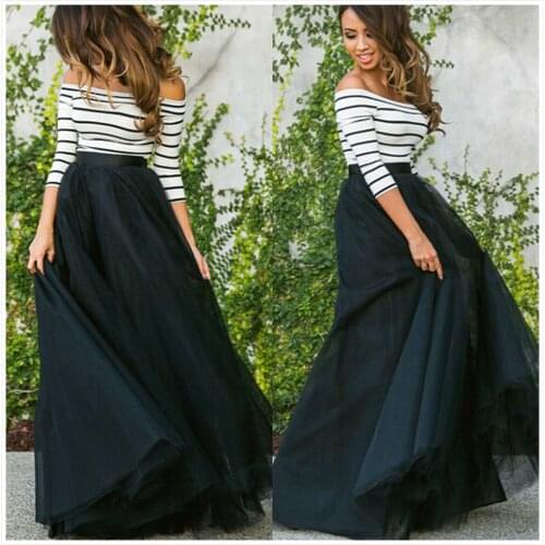 NEW Womens Multi Layer Tulle Pleated Retro Long Skirt High Waist Maxi Skirt Striped Long-Sleeve Top 2Pcs Set Clothes