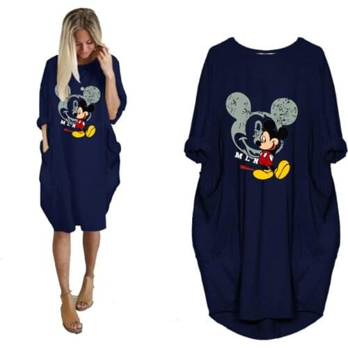 Mickey T-shirts Dress Women Printing Pocket Loose Tshirt Tops Vintage Fall Midi Woman Party Casual Dresses Women Plus Size S-5XL