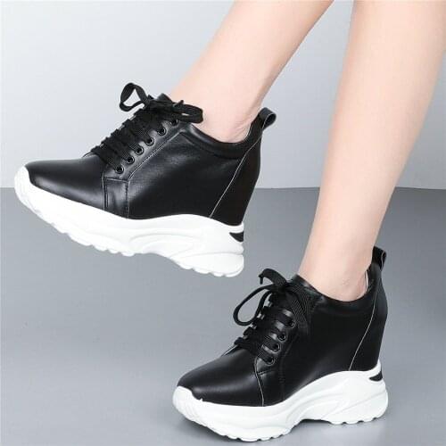 10cm High Heel Creepers Women Lace Up Genuine Leather Hidden Wedges Ankle Boots Female Round Toe Fashion Sneakers Casual Shoes
