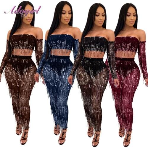 Women Sets Casual Slash Neck Full Sleeve Tops Skirt Suit Sexy Sequined Tassel Night Club Wear Mesh Two Piece Sets Outfits Dress