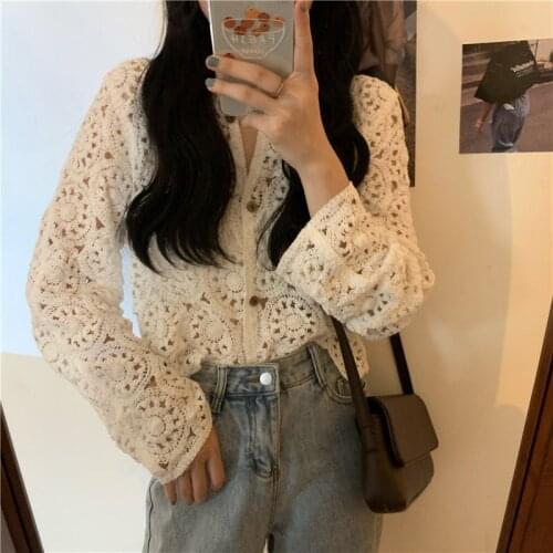 Cardigan Women Knitted Tops Hollow Out Full Sleeves Hook Flowers 2021 Spring Summer Thin Lace Single Breasted Korean Lady Blouse