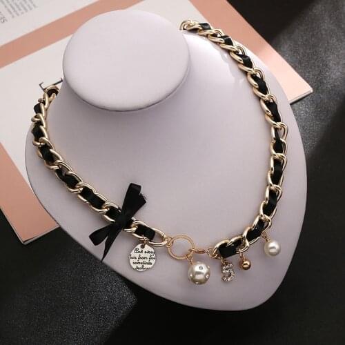Weave Leather Chain 5 letter Pendants Necklaces for Women Crystal Pearl Choker Necklace Wedding Statement jewelry Z169