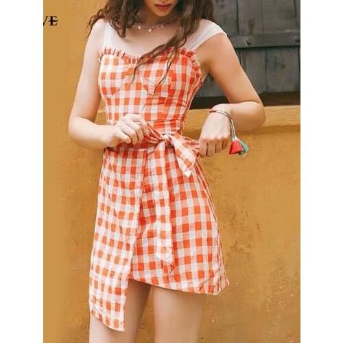 Lisa Dress Women New Sexy Mesh Mini Dress Vintage Female Plaid lace up Dress Casual Street Wear Lady Sashes Dress