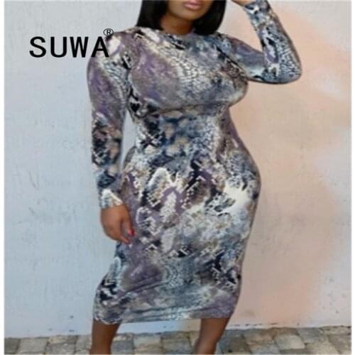 Snake Printed Women Dresses Spring Summer 2021 New Product Long Sleeve Elegant Midi Dress Party Club Sexy Outfits