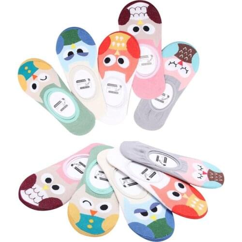 12 pcs=6 pairs Women Boat Socks Japanese Cartoon Owl Invisible Girls Funny Socks Summer Autumn Skid Deodorant Female Sock Meias