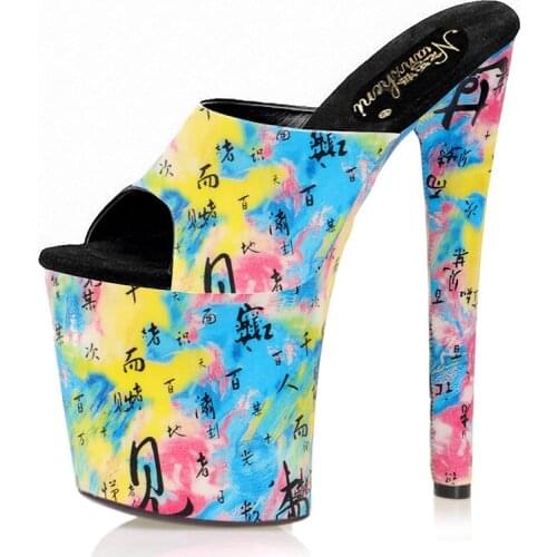 20CM Retro Printing Nightclub Platform Slippers Sexy Fetish Stripper Heels Open Toe Pole Dance Shoes New Party High Models Women