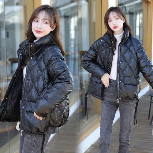 2021 Winter Short Diamond Plaid Solid Color Parkas Jacket Korean Loose Hem Drawstring Plus Size Down Cotton Overcoat Ladies e214