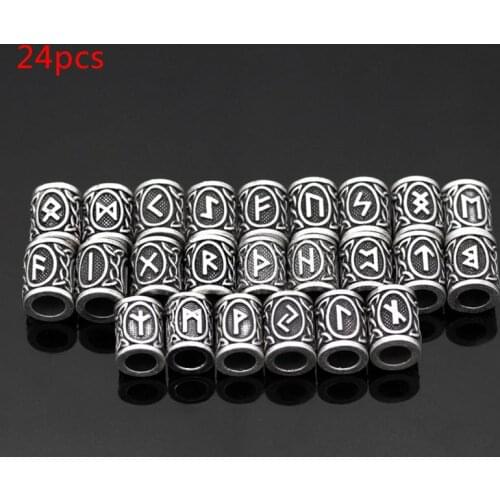 24Pcs Vintage Silver West Coast Paracord Norse Viking Rune Metal Beads DIY Antique Bracelet Hair Beards Jewelry Making dropship