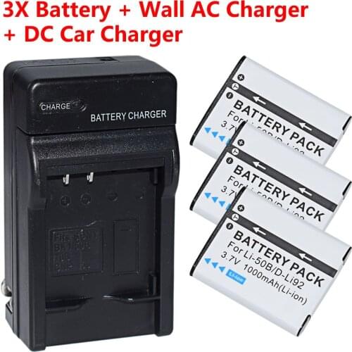 3-Pack Battery + Home&car Charger for Olympus Li-50B & SZ-11 SZ-12 SZ-14 SZ-15 SZ-16