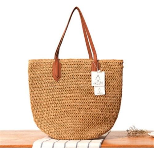 Aaby 2021 Summer New Straw Handbag For Women High Quality Shoulder Bag With PU Leather Handle Straw Beach Bag For Vacation Gift