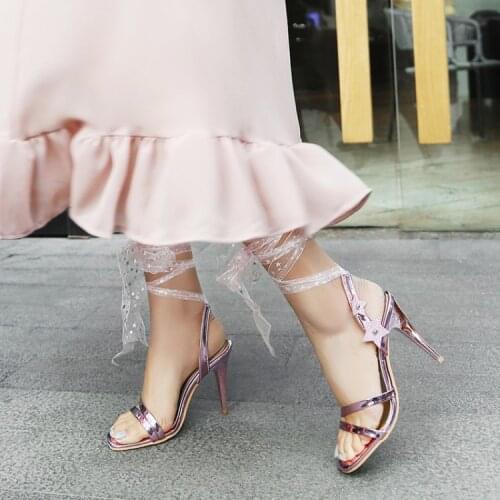 Big Size high heels sandals women shoes woman summer ladies Ribbon diamond with a square head