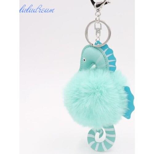 Sea Horse Fur Ball Keychain Bag Purse Car Key Holder Fluffy Plush key chain