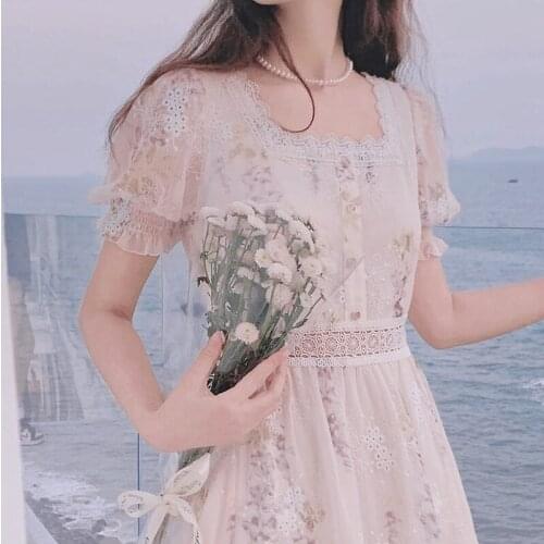 One Piece Dress Korean Elegant Vintage Dresses Women Casual Floral Design Sexy Midi Dresses Evening Lace-Up 2021 Summer Chic