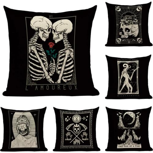 Black Tarot Throw Pillow Cover Mexico Skull Decorative Pillow Covers Horror Ghost Pillow Cases Home Decor Cover for45-45 Pillow