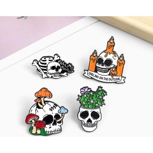 Smiling Skull Enamel Brooches Candlestick skeleton cactus bonsai Crossed bone Lapel Pin Optimistic happy badge Halloween gift