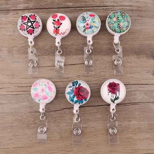 ER879 1pcs Flowers Red Rose Painting Art Retractable Badge Reel Clip For Student Friends Exquisite IC Card Badge Holder Fashion
