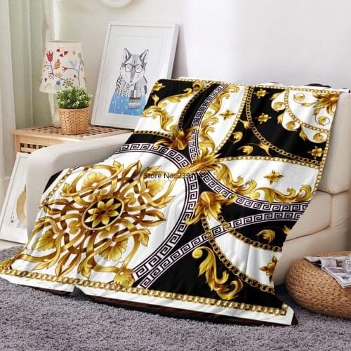 Golden Flowers Flannel Blanket 3D Print Golden Chain Fleece Blanket Euporean Pattern Throw Blanket Vintage Baroque Sofa Blanket