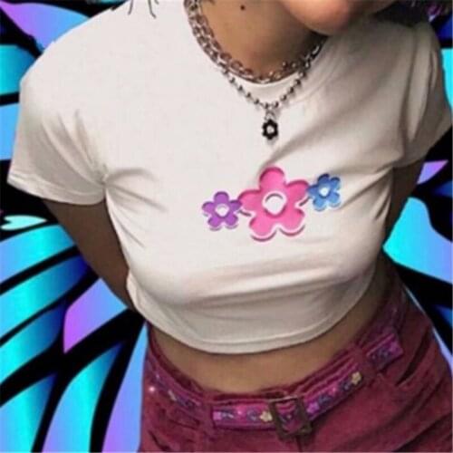 T-shirt femme blanc, imprimé floral, dessin animé, mignon, Harajuku, gothique, lot S-L