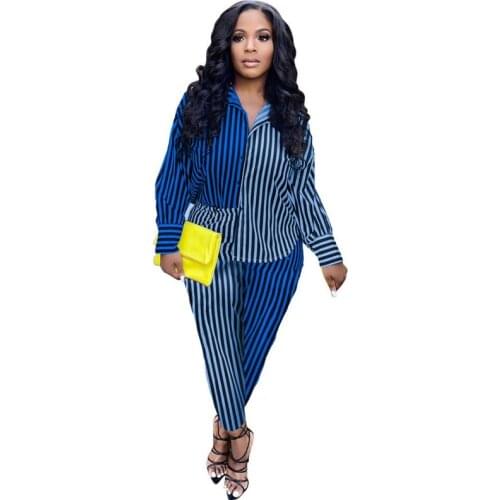 2021 Blouse and Pants Set Plus Size 2 Piece Sets Womens Outfits Long Sleeve Button Up Striped Printed Business Casual Pant Suits
