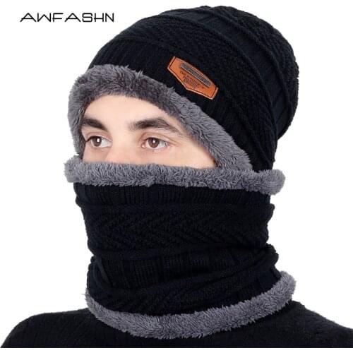 Neck warmer knitted hat scarf set fur Wool Lining Thick Warm Knit beanies balaclava Winter Hat For men women Cap Skullies bonnet