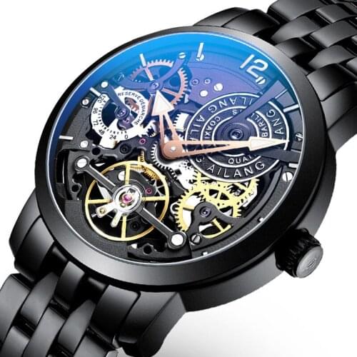 AILANG New Business Mens Automatic Double Sided Luminous Hollow Mechanical Watch Stainless Steel 30M Waterproof Strap 6811
