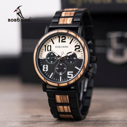 BOBO BIRD Luxury Stylish Wood & Stainless Steel Men Wristwatches Male Chronograph Timepiece Relogio Masculino In Wood Box V-R25