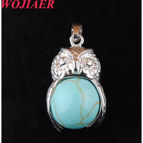 WOJIAER Natural Stones Pendants Necklaces Cute Owl Turquoises Round Ball Bead Dangle Pendulum Women Jewelry Gift PO9181