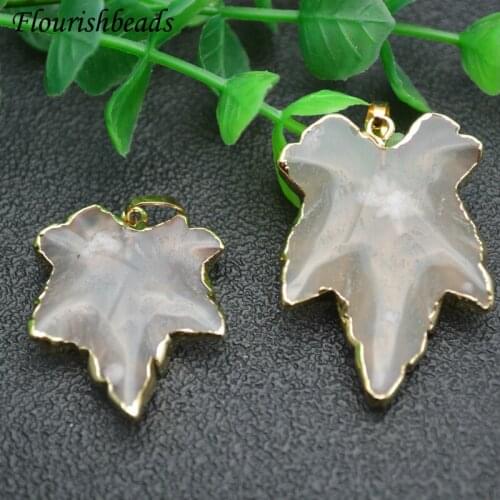 Natural Rose Quartz Maple Shape Leaf Pendant Gold Frame Gemstone Fashion Jewelry Supplies DIY Necklace 5pcs/lot
