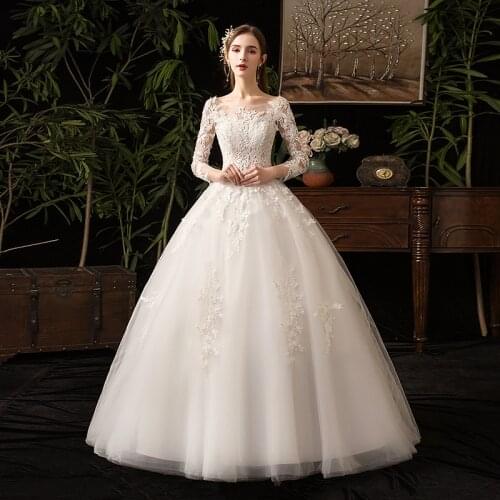 Popodion Luxury Lace Wedding Dress Long Sleeve Off White Wedding Gowns Princess Wedding Dresses WED90602