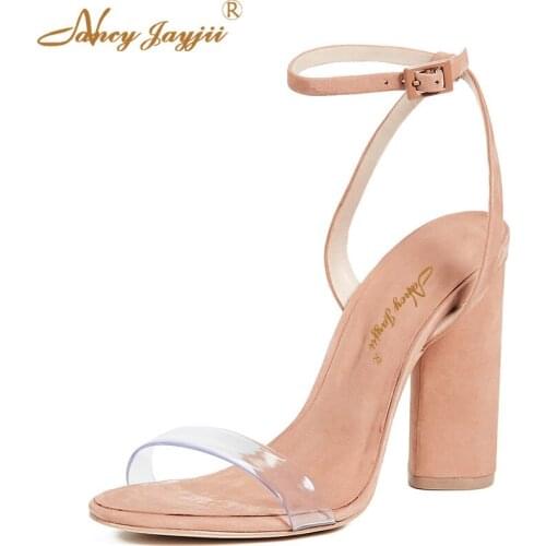 2019 Summer Apricot Woman Sandals Lady Shoes Round Heels High Sexy Dress Party Classic Buckle Strap Hot PVC Clear Plus Size 46