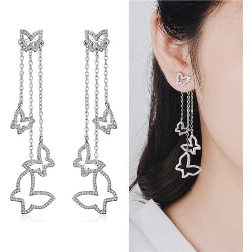 Pure Silver Plated Earrings For Lady Jewelry Luxury Crystal Butterfly Drop Earrings For Girl Wedding Accessories Earring Tracked