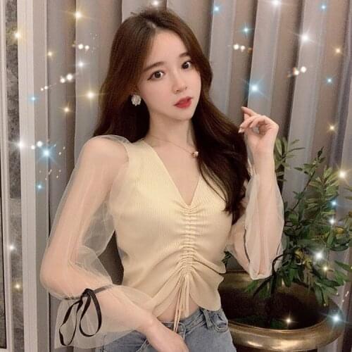 Woman Sweaters Pullover Womens Spring and Autumn V-neck Drawstring Mesh Sleeves Patchwork Knitting Top Femme Chandails